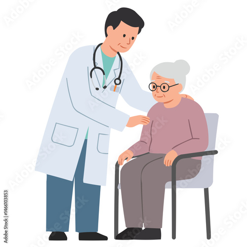 Doctor comforting elderly patient - compassionate physician supporting senior patient, their warm interaction conveying trust and professional humanity in medical setting.