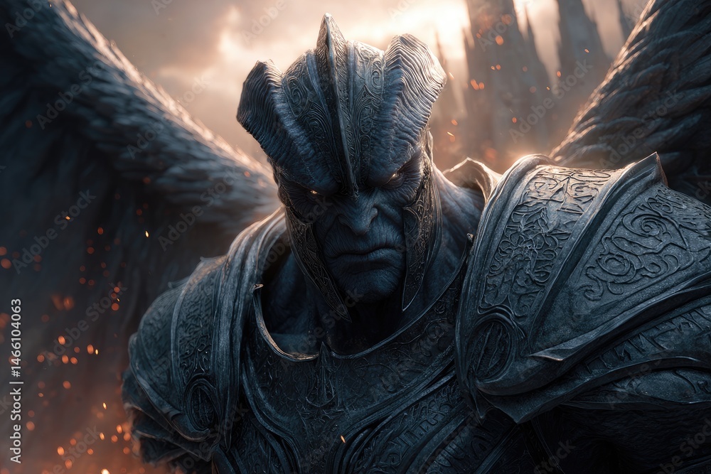 Powerful, armored figure with wings against a dramatic backdrop.