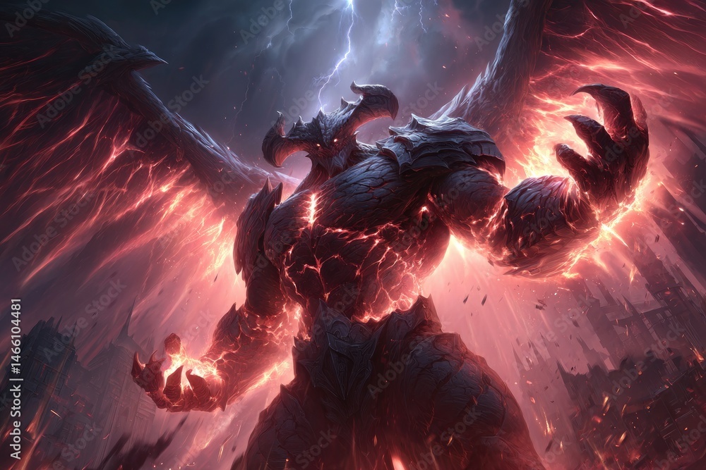Powerful, fiery creature with large wings and destructive aura.