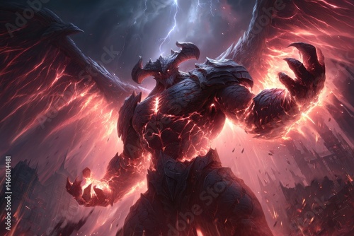 Obraz na płótnie Powerful, fiery creature with large wings and destructive aura. w salonie