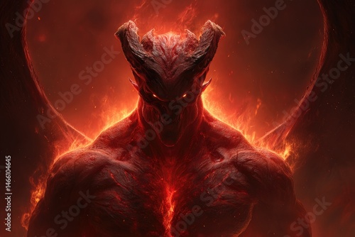 Fiery, demonic figure, engulfed in flames, imposing presence.