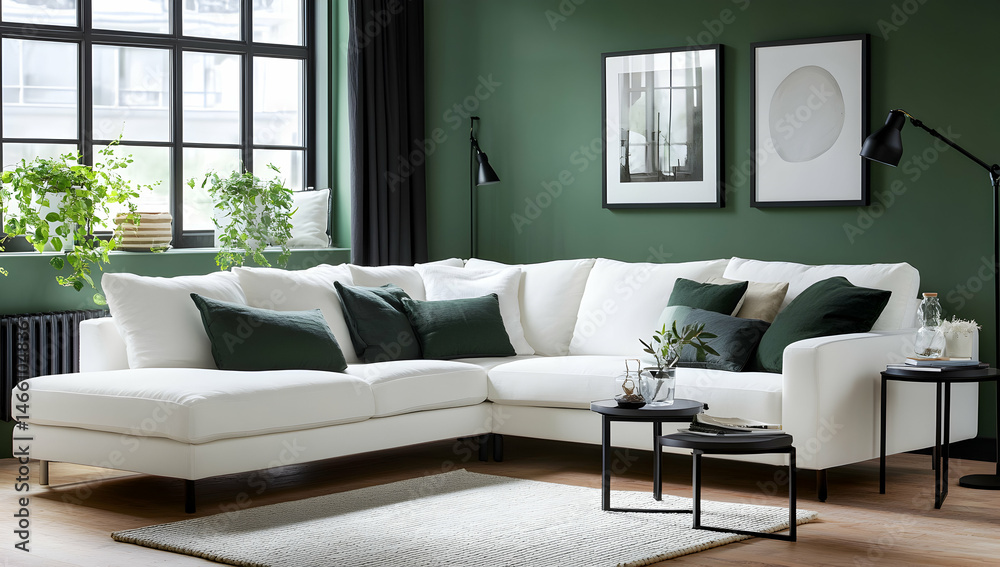 Modern white sectional sofa in green room Modern white sectional sofa in green room