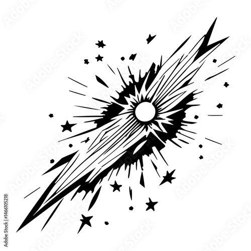 Dynamic celestial explosion with radiating energy, black and white abstract starburst