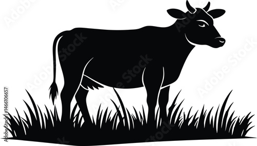 A cow vector art silhouette, Cow eating grass vector, Cow grazing Silhouette Vector Illustration.