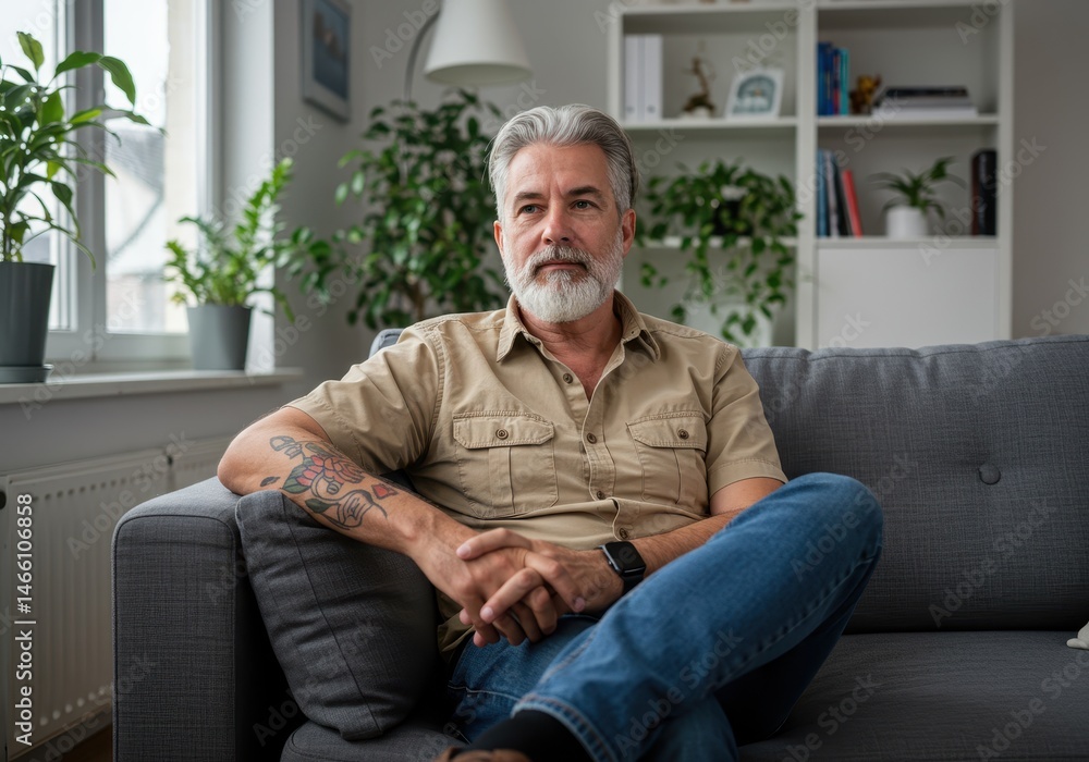 Fototapeta premium Mature man with gray hair and beard relaxes on a gray couch in a bright living room with plants and a bookshelf