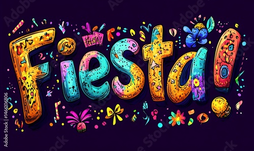 Colorful Fiesta Text on Dark Backdrop with Party Confetti and Decorative Floral Elements