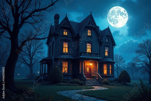 Cobweb draped haunted mansion, moonlit facade, image, details, dark