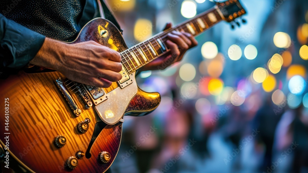 Naklejka premium Close-up of person playing electric guitar outdoors. Blurry city lights background