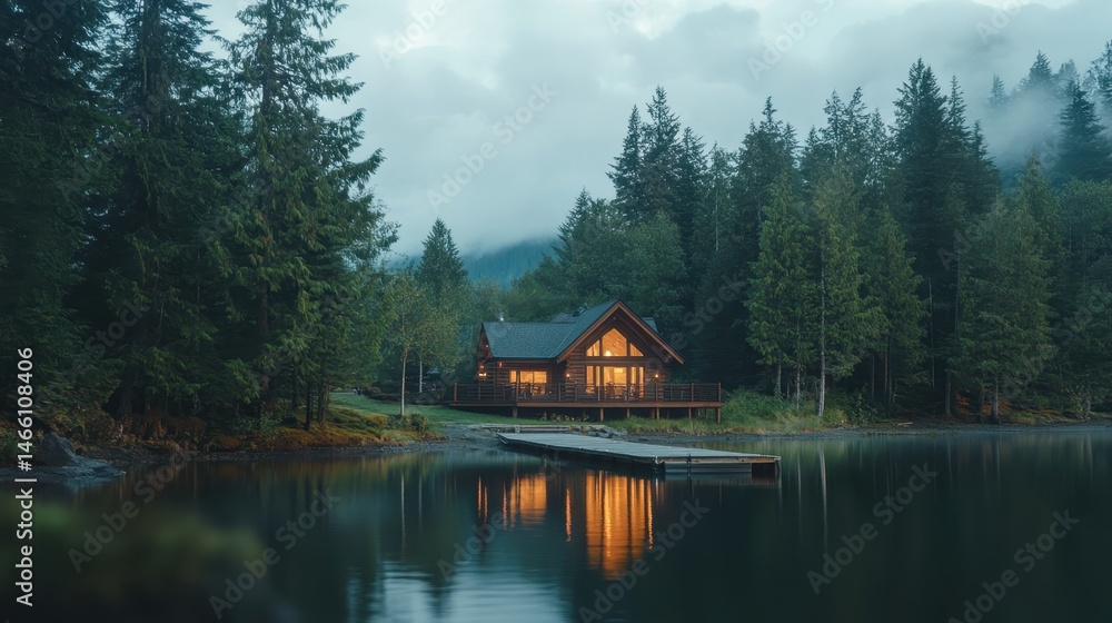 Fototapeta premium Cozy cabin by the serene lake at dusk with reflections of trees and mountains in the water