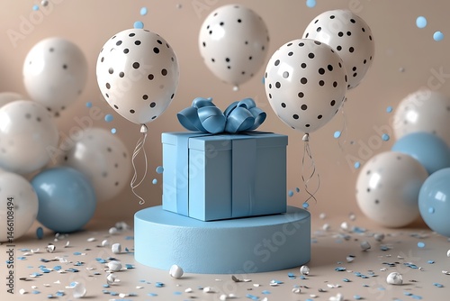 Elegant blue gift box with bow and polka dot balloons celebration concept