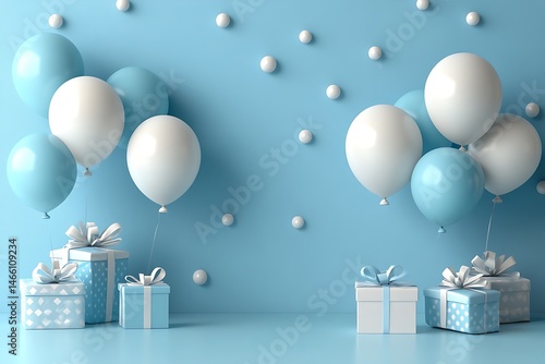 Festive blue and white balloons and gift boxes for a baby shower celebration or birthday