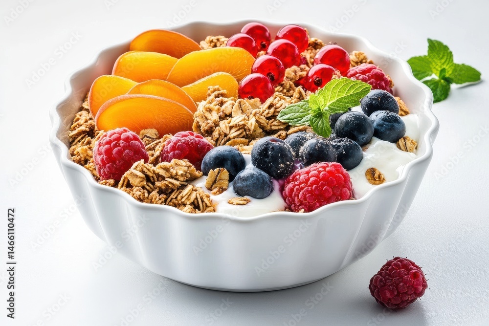 Fruit and granola bowl with yogurt and mint leaves on white surface Fruit and granola bowl with yogurt and mint leaves on white surface