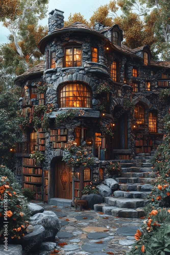 Obraz premium Enchanting stone house nestled in autumn woods, illuminated windows, book-lined walls, inviting steps