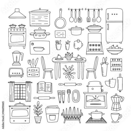Set of kitchen themed doodle on white background. Hand drawn abstract doodle isolated on white background.