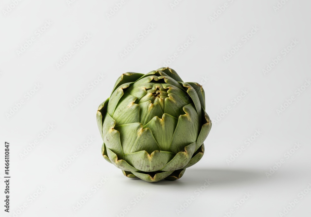 Fototapeta premium Single artichoke with green leaves sits centered on a white background in a studio shot with soft lighting