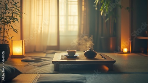 Tranquil Japanese tea ceremony setting in serene garden at night with soft lighting