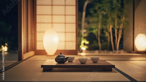 Tranquil Japanese tea ceremony setting in serene garden at night with soft lighting