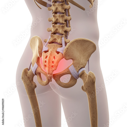 3D Rendered Human Sacroiliac Joint Anatomy With Pain Highlight On Transparent Background