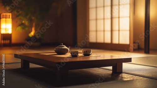 Tranquil Japanese tea ceremony setting in serene garden at night with soft lighting