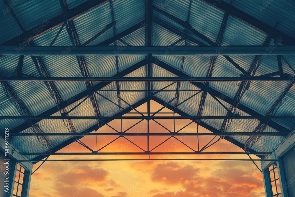 Fototapeta premium Elevated view of a metal warehouse roof at sunset.
