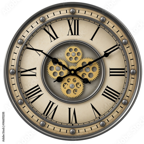 Antique Round Wall Clock with Roman Numerals and Gears