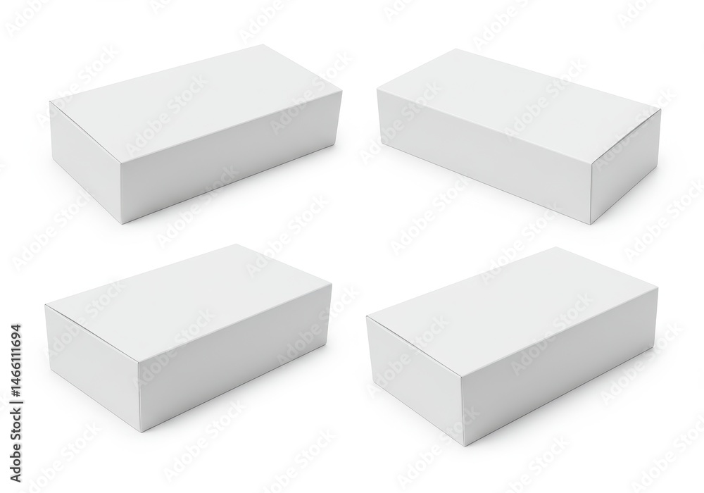 Four white rectangular cardboard boxes arranged on a white surface for packaging mockup Four white rectangular cardboard boxes arranged on a white surface for packaging mockup