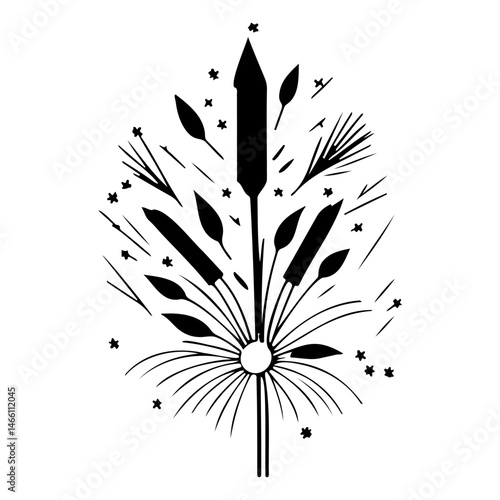 Stylized botanical illustration showcasing a reed mace with radiating details