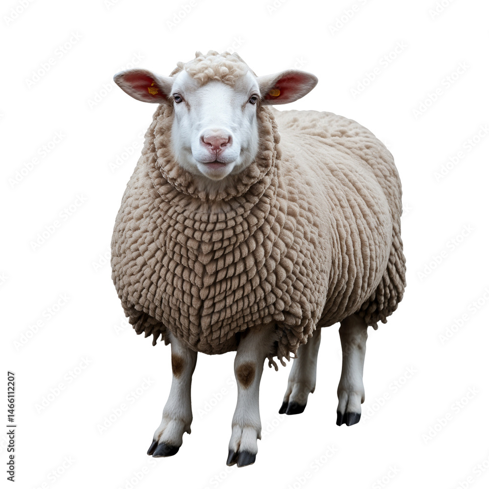 Fototapeta premium Curly-Coated Sheep Standing Upright on White Background