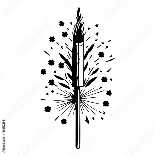 Stylized monochromatic botanical illustration featuring a central burning element