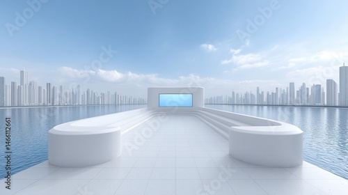 A modern, minimalistic pier with white benches extends over water, facing a digital screen, with a futuristic city skyline in the background.