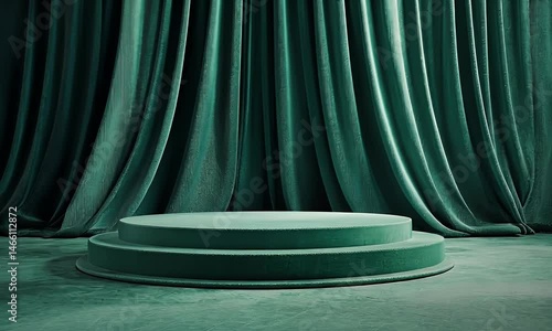 3D render, an abstract minimalistic background with an empty stage podium and elegant curtains in a green color