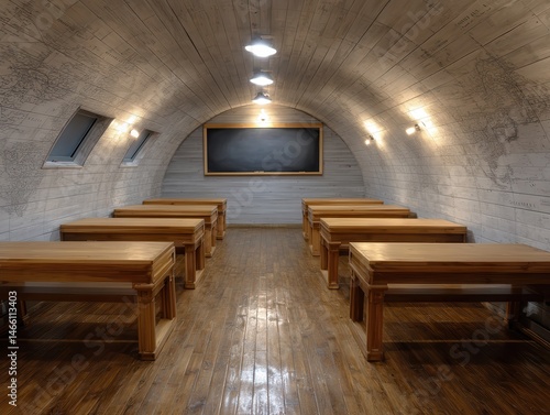 A unique classroom with wooden desks inside an arched, bunker-like room with a chalkboard and overhead lights.
