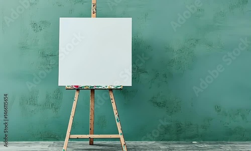 A blank white canvas on an easel against a muted green wall, symbolizing the start of creativity and artistic expression.