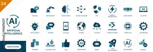 AI icon. Containing automation, digital brain, robot, chatbot, information technology. Solid vector icon set.