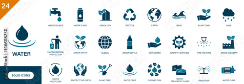 Water icon. Containing recycle, faucet, earth, environment, water drop, agriculture, green industry. Solid vector icons set.