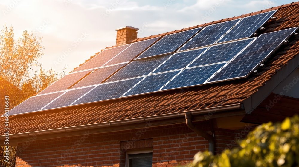 Fototapeta premium Modern residential home with extensive solar panels installed on the roof du sunny daytime to promote renewable energy and sustainable living