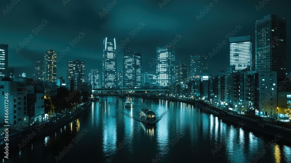 Fototapeta premium City skyline illuminated by colorful lights over a river at night in a vibrant urban setting