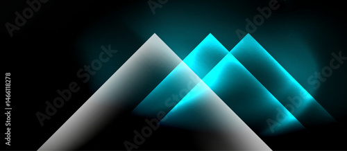 Abstract mountain shapes glow softly against dark background. Minimalist design evokes calm, modern aesthetic. Simple geometry creates depth.