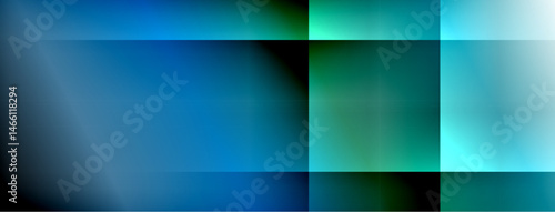 Abstract gradients, blues, greens dominate composition. Rectangular shapes overlap, creating visual depth. Smooth transitions present modern aesthetic.
