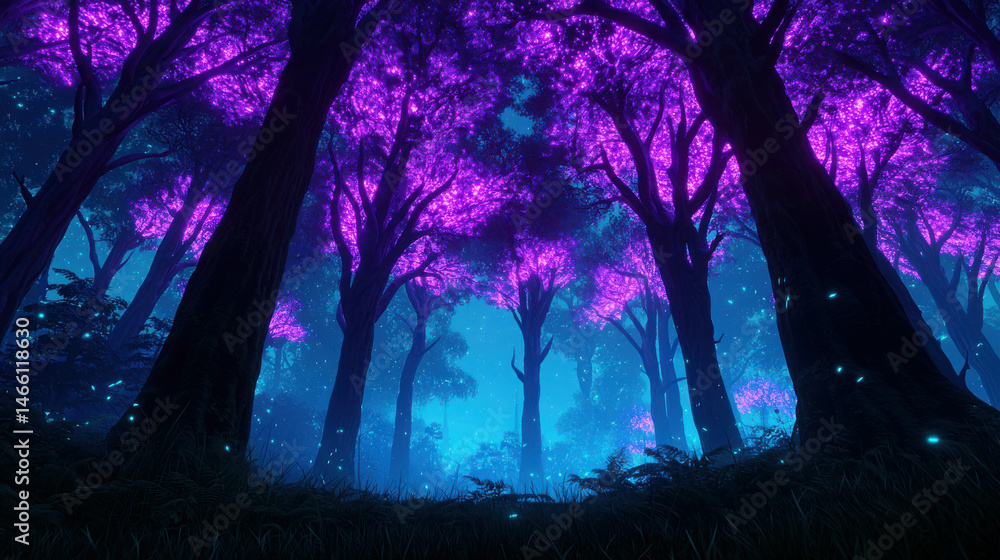 Enchanted Forest with Vibrant Purple Trees and Ethereal Glow at Night Enchanted Forest with Vibrant Purple Trees and Ethereal Glow at Night