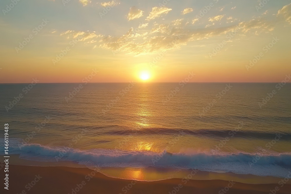 Naklejka premium Golden sunset over the ocean. Gentle waves crash on a sandy shore