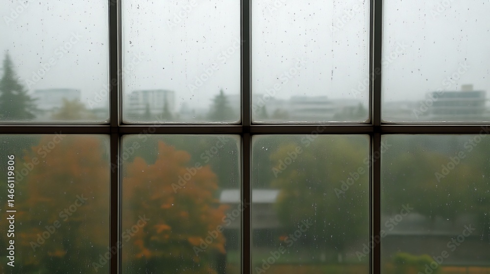 Rainy Day View Through Paned Window Blurry Cityscape and Autumn Trees Rainy Day View Through Paned Window Blurry Cityscape and Autumn Trees