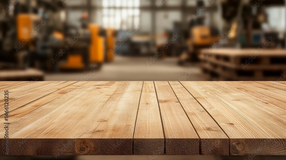 Empty Wooden Tabletop Against Blurred Industrial Factory Background Perfect for Product Placement and Advertisement Empty Wooden Tabletop Against Blurred Industrial Factory Background Perfect for Product Placement and Advertisement
