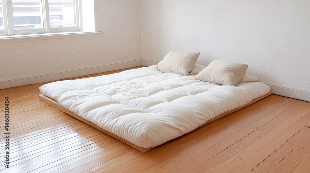 Comfortable Futon Mattress on Wooden Platform Ideal for Small Spaces Simple Bedroom Design Comfortable Futon Mattress on Wooden Platform Ideal for Small Spaces Simple Bedroom Design