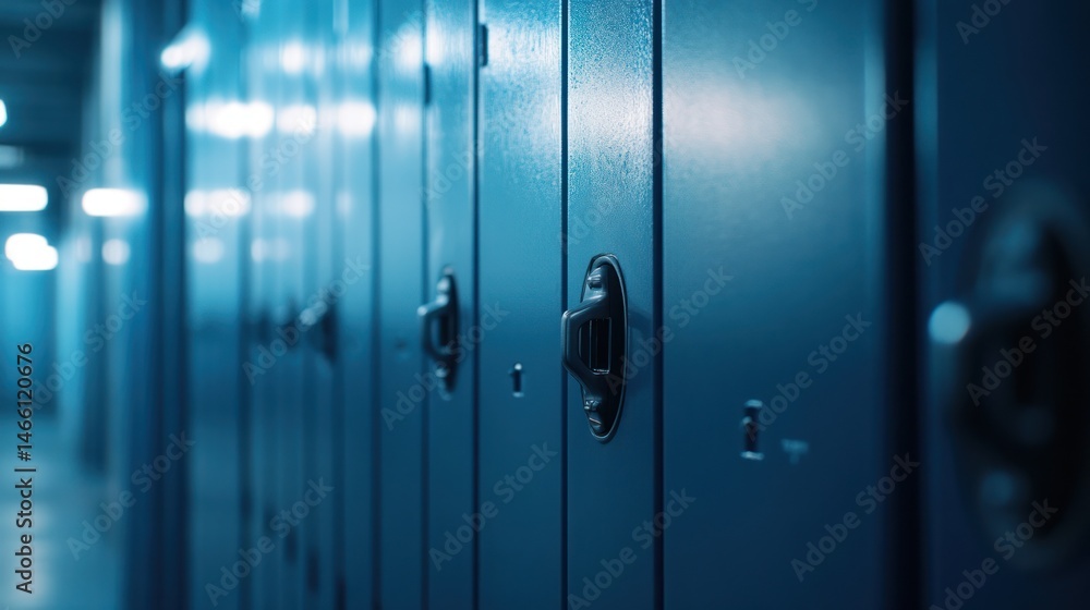 Close-up of rows of blue metal lockers. Dark, interior, industrial style, lockers, with handles, reflective surfaces, organized, security Close-up of rows of blue metal lockers. Dark, interior, industrial style, lockers, with handles, reflective surfaces, organized, security