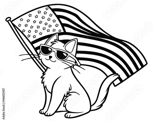 A cute cartoon vector illustration depicts a funny black and white cat interacting with a mouse, a dog, and a butterfly