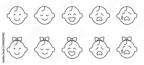 Baby Face Expressions Icon Set – Outline Emotions of Boys and Girls