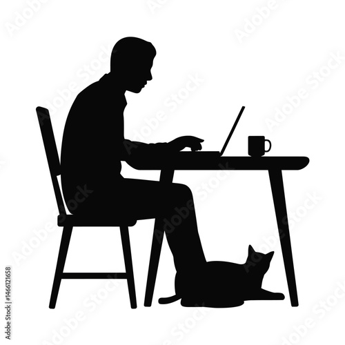 Silhouette of Person Working on Laptop at Desk with Cat