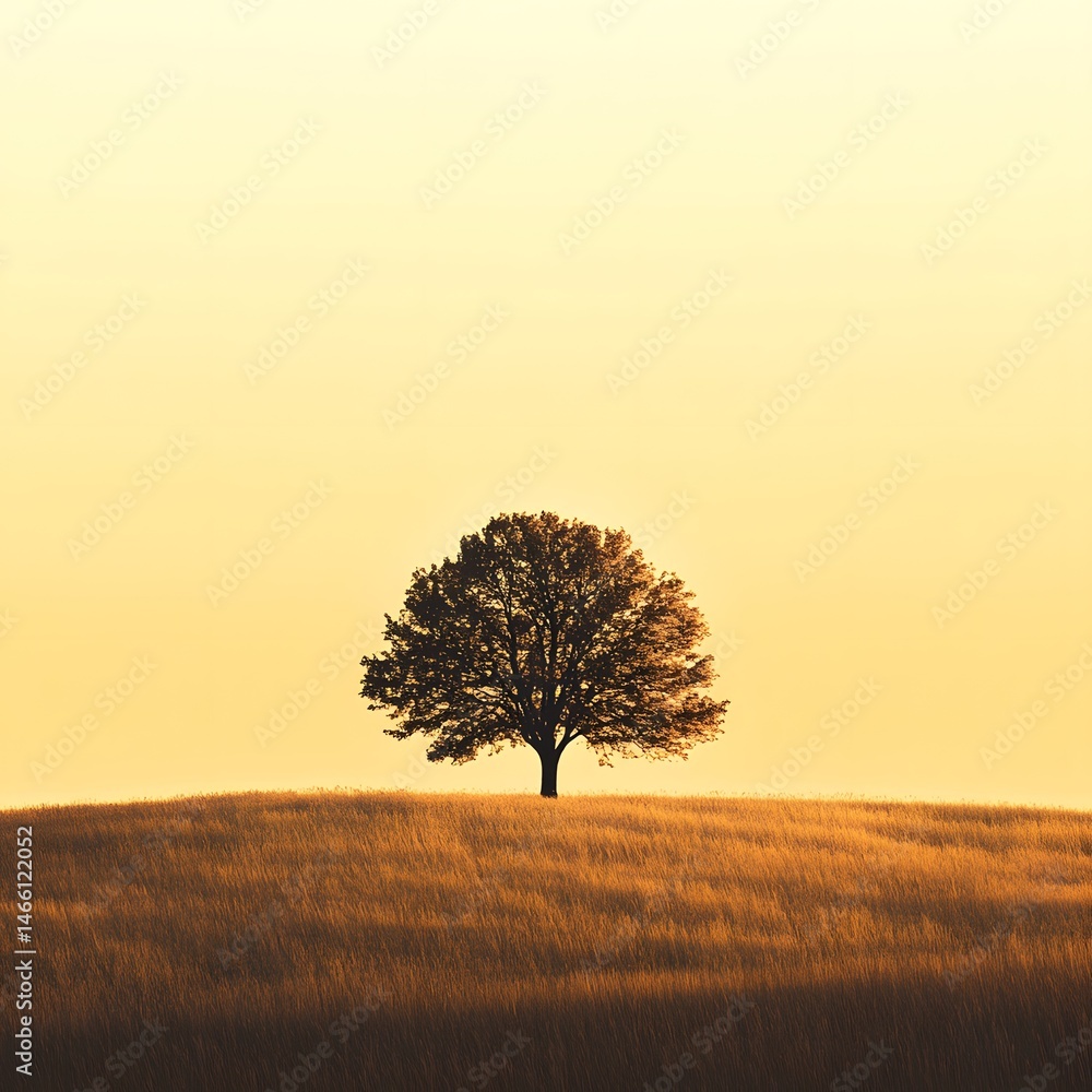 Silhouette lone tree standing quietly in wide grass field at golden hour, capturing calm essence nature and warmth of evening light in peaceful minimal outdoor moment