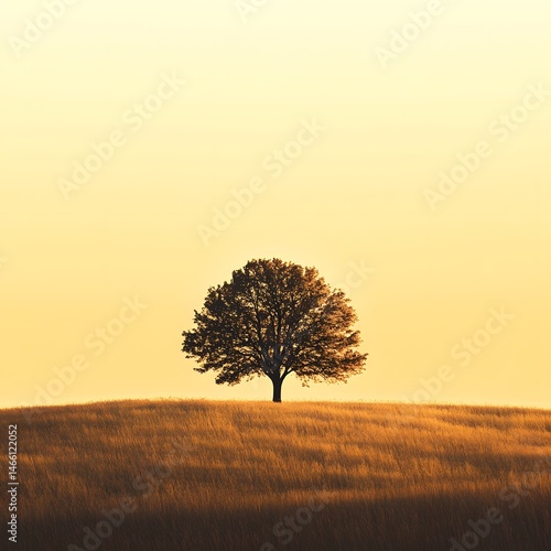 Obraz na płótnie Silhouette lone tree standing quietly in wide grass field at golden hour, capturing calm essence nature and warmth of evening light in peaceful minimal outdoor moment w salonie